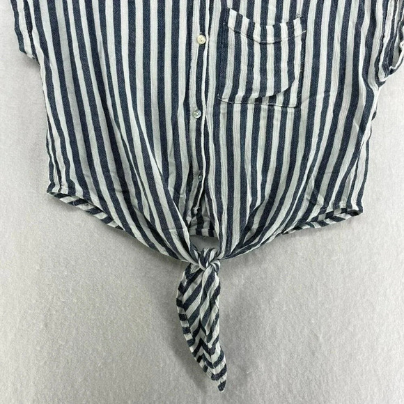 Lulus Blouse Women's S Blue White Stripes Button Up Collared Knot Hem Cropped - Picture 7 of 10
